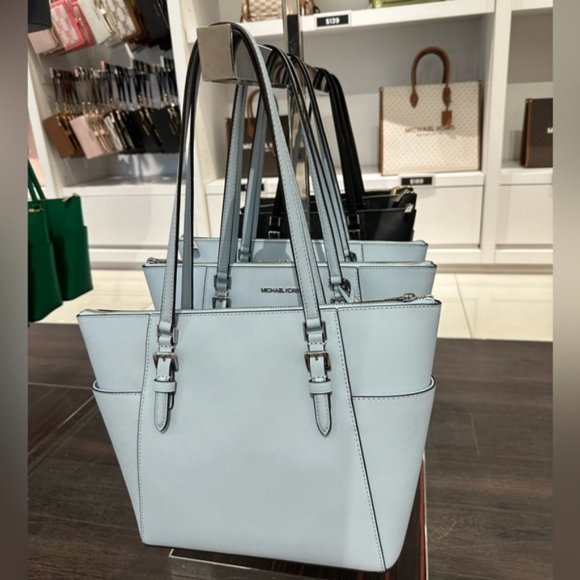 NWT Michael Kors Charlotte Large Zip Shoulder Tote Saffiano Leather Vista Blue - Picture 3 of 11